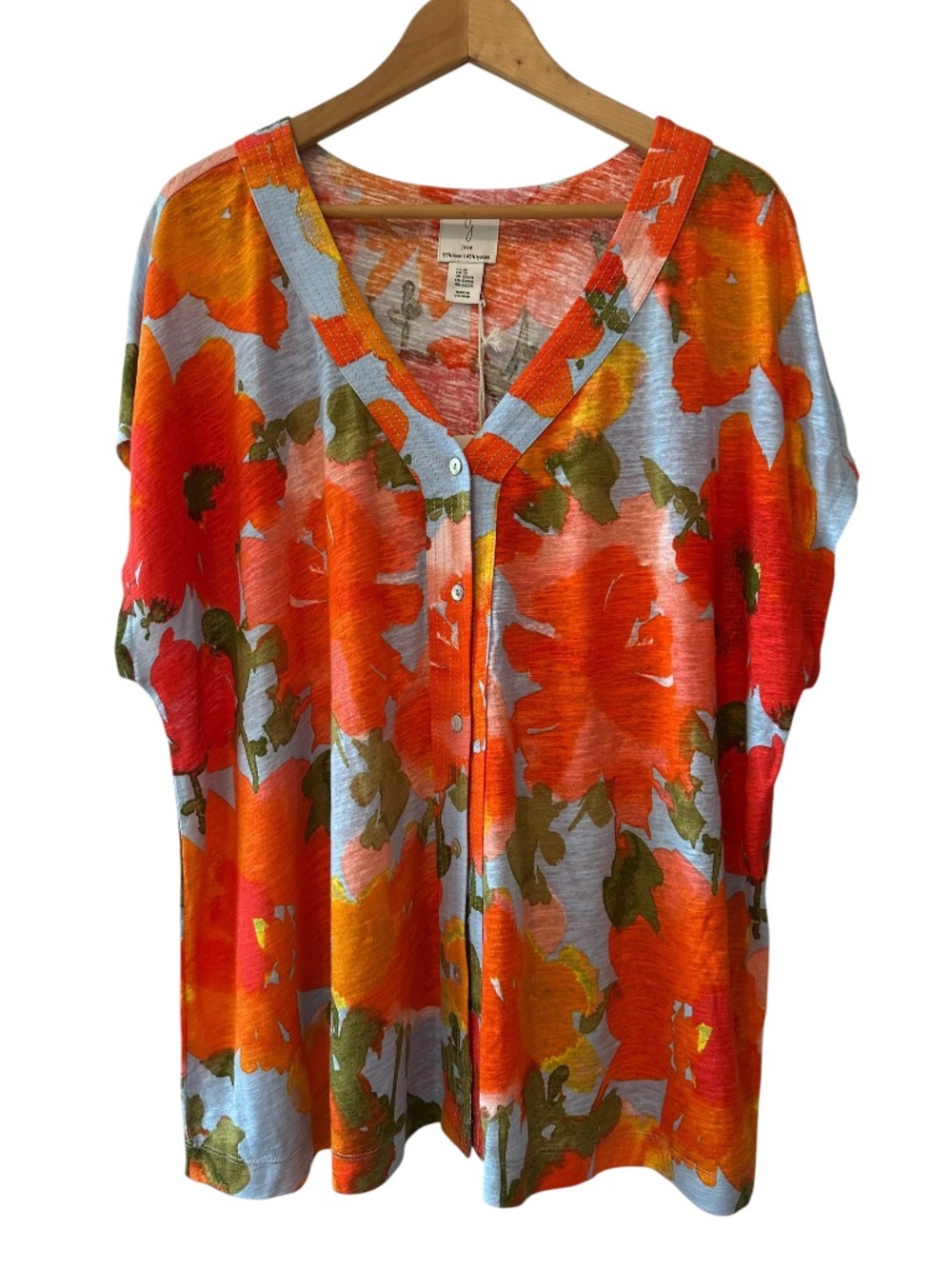 Joie 2X Women's Orange Floral Linen Lyocell Blouse V-Neck Button-Up Shirt NWT